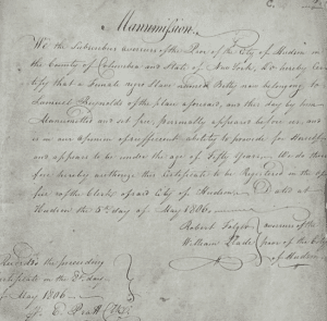 Excerpts from a deed book at the Columbia County Clerk's office. These documents, dating between 1806 - 1825, record the emancipation of enslaved persons in the county from their enslavers.